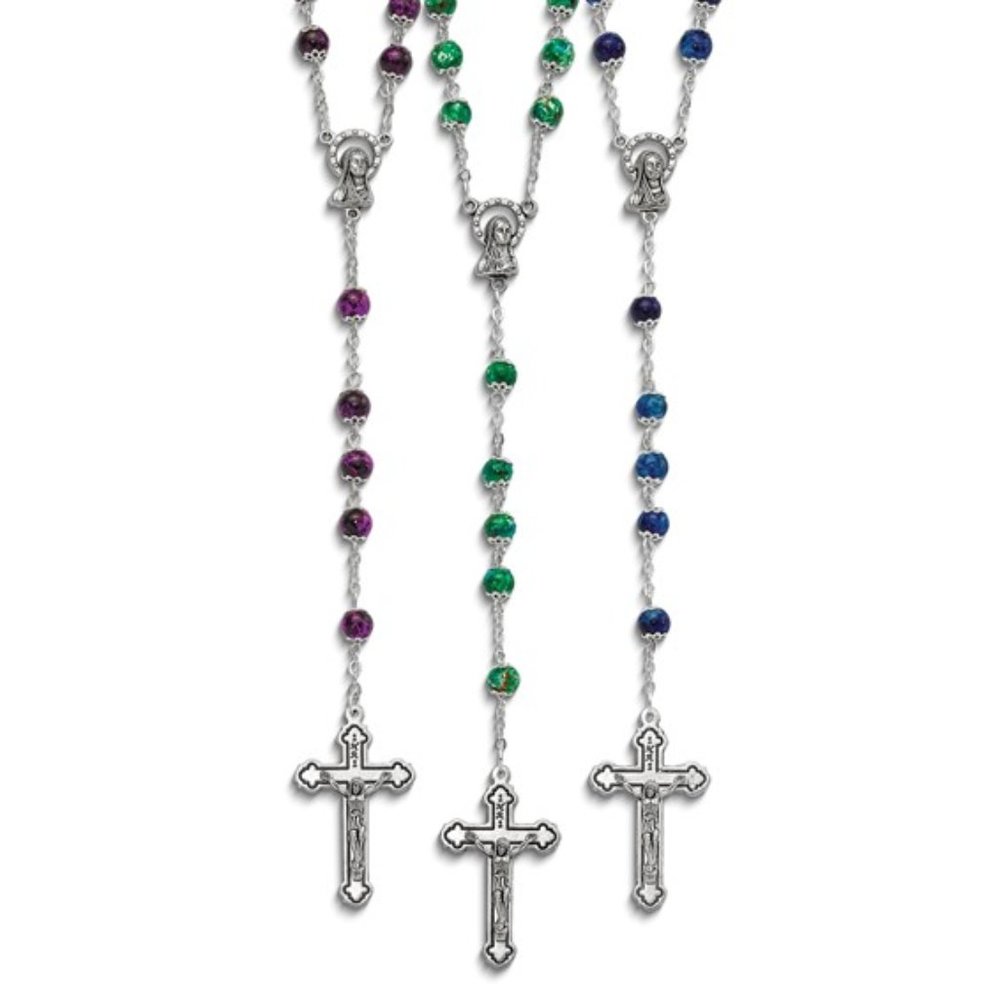Set of 3 Silver-tone Green, Blue and Pink Marbled Bead Rosary Set religious gift